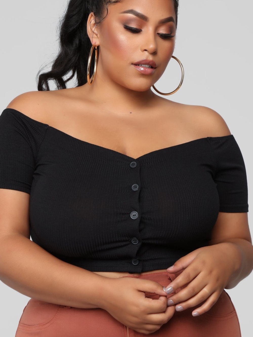 Fashion Nova Off-Shoulder Button Crop Top - Picture 2 of 6
